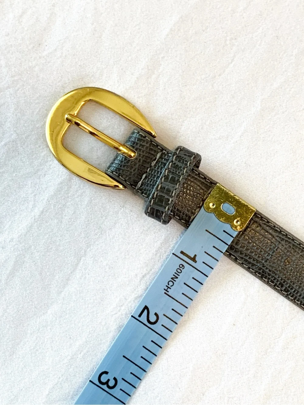 Vintage Greg Adams gray lizard embossed leather belt solid brass buckle size M/L
